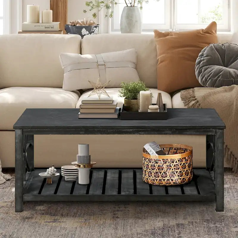 Rustic Wood Coffee Table with Spacious Storage - 47.24 W x 23.62 D x 19.68 H