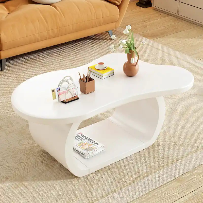 Modern Cloud Coffee Table with 1.5 Thick Tabletop,Cream Style Irregular End Table with Curved Legs,Unique Design Accent Table