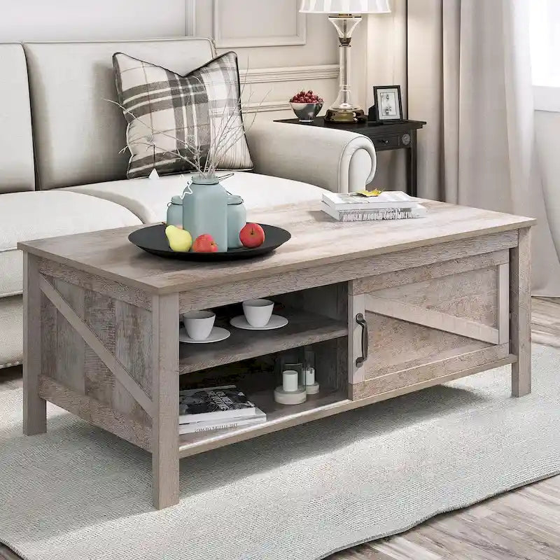 Farmhouse Rectangle Coffee Table with Adjustable Shelves and Sliding Barn Door