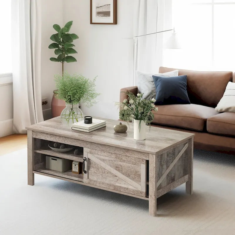 Farmhouse Rectangle Coffee Table with Adjustable Shelves and Sliding Barn Door