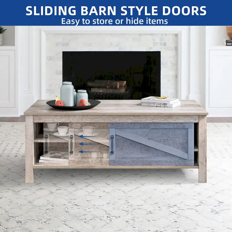 Farmhouse Rectangle Coffee Table with Adjustable Shelves and Sliding Barn Door