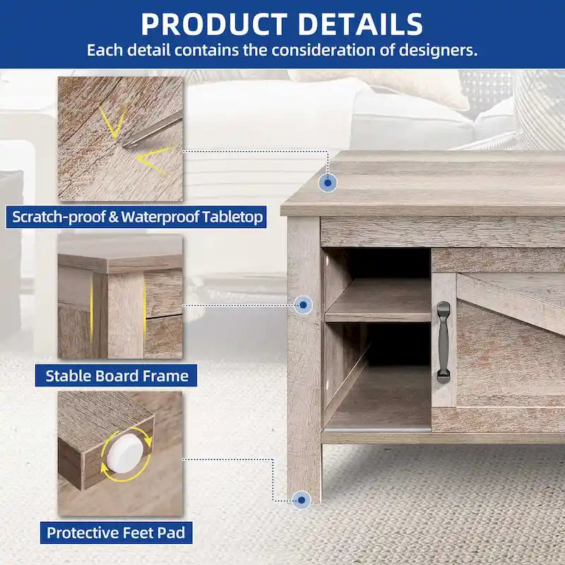 Farmhouse Rectangle Coffee Table with Adjustable Shelves and Sliding Barn Door